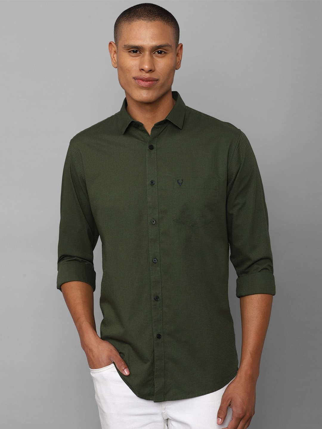 

Allen Solly Men Slim Fit Printed Cotton Casual Shirt, Olive