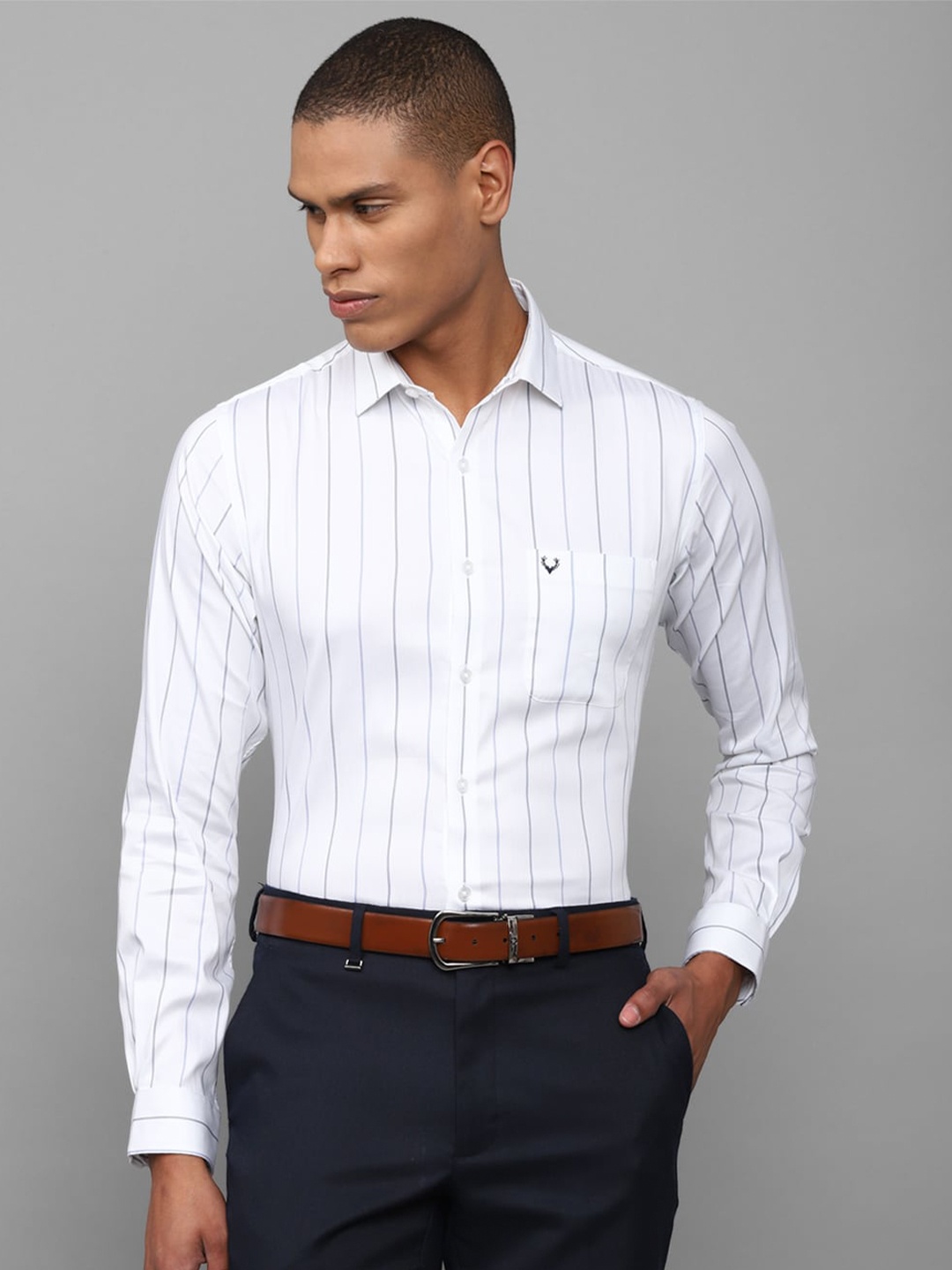 

Allen Solly Men White & Grey Striped Slim Fit Formal Shirt