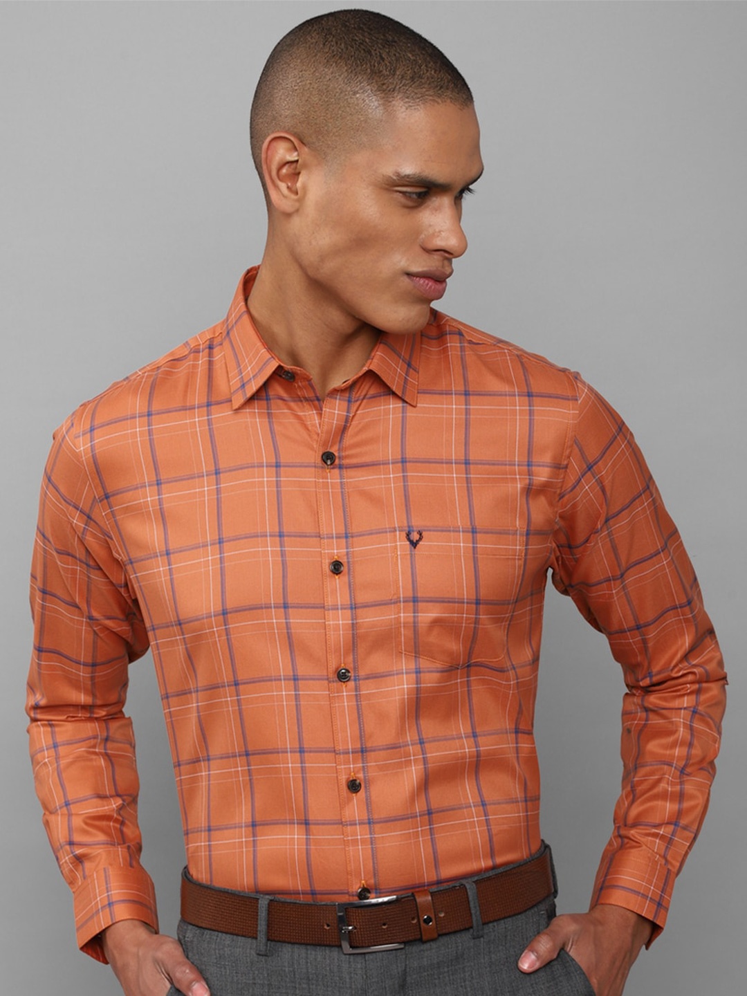 

Allen Solly Men Orange Slim Fit Checked Pure Cotton Formal Shirt
