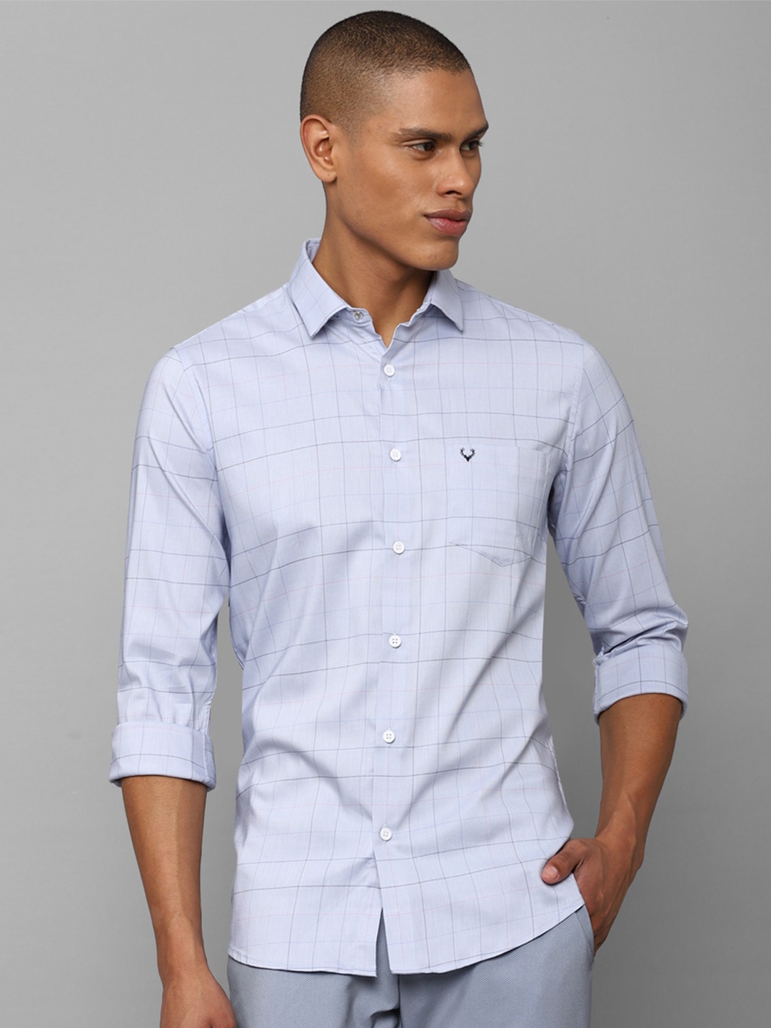 

Allen Solly Men Slim Fit Windowpane Checked Casual Shirt, Blue