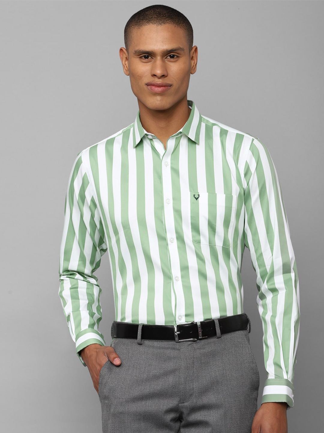 

Allen Solly Men Green Cotton Slim Fit Striped Formal Shirt