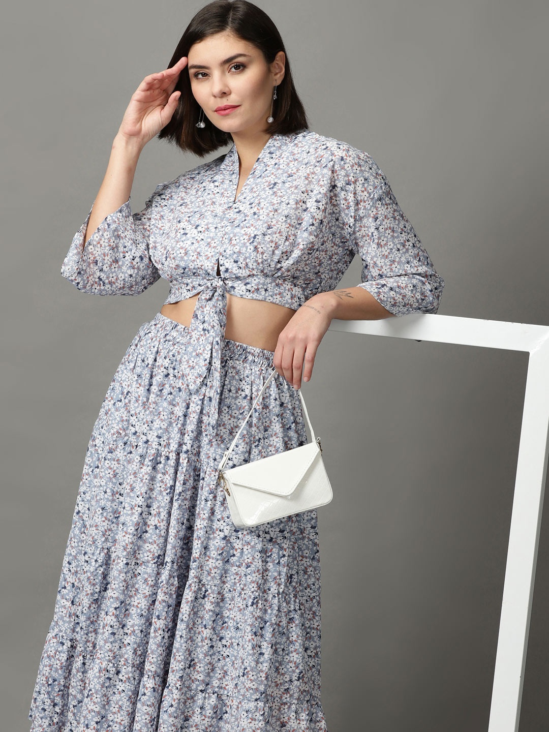 

SHOWOFF Women Blue & White Printed Tie-Up Top & Midi Length Skirt Co-Ords