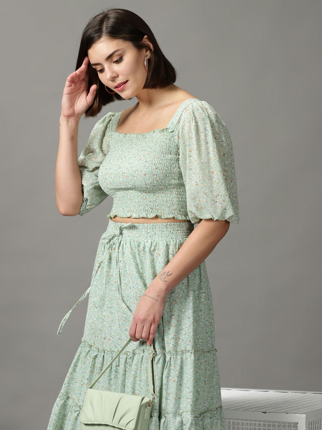 

SHOWOFF Women Sea Green Printed Top With Skirt Co-Ords