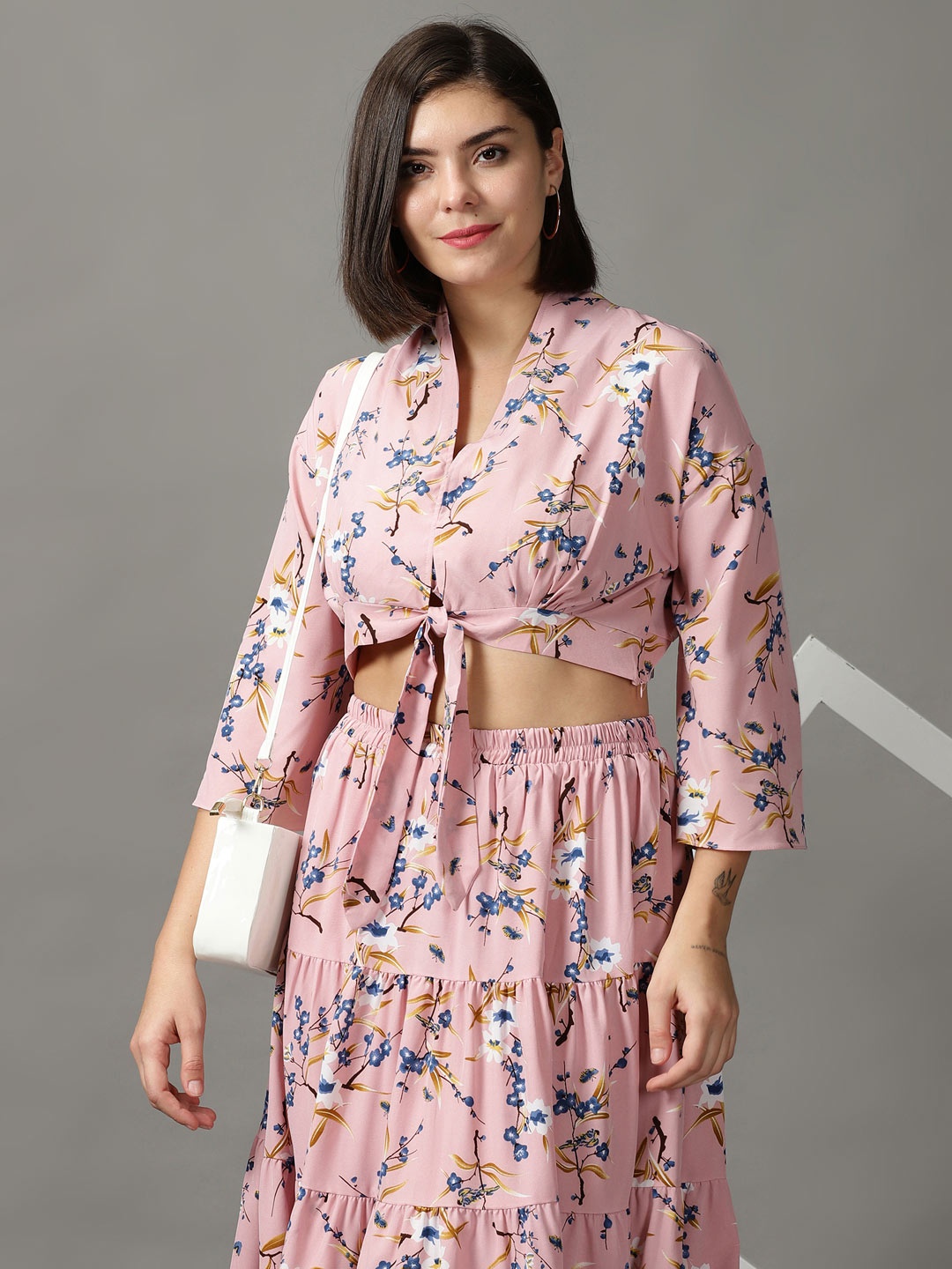 

SHOWOFF Women Pink Floral Printed Top With Skirt Co-Ords