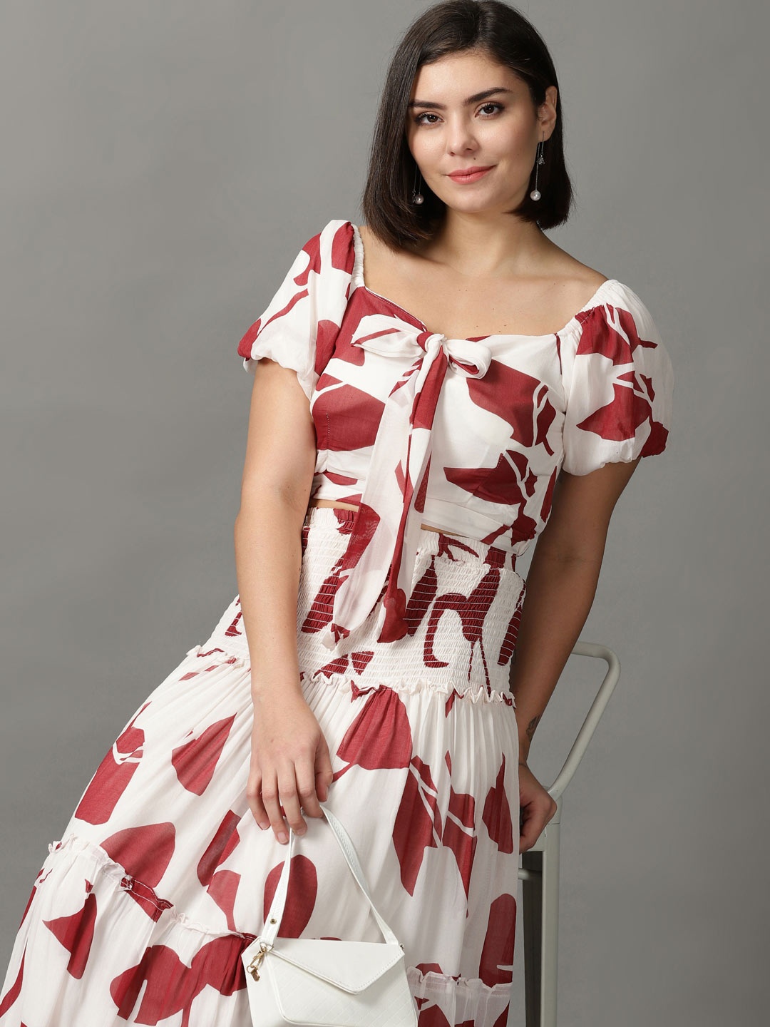 

SHOWOFF Women White & Maroon Printed Top & Skirt Co-Ords