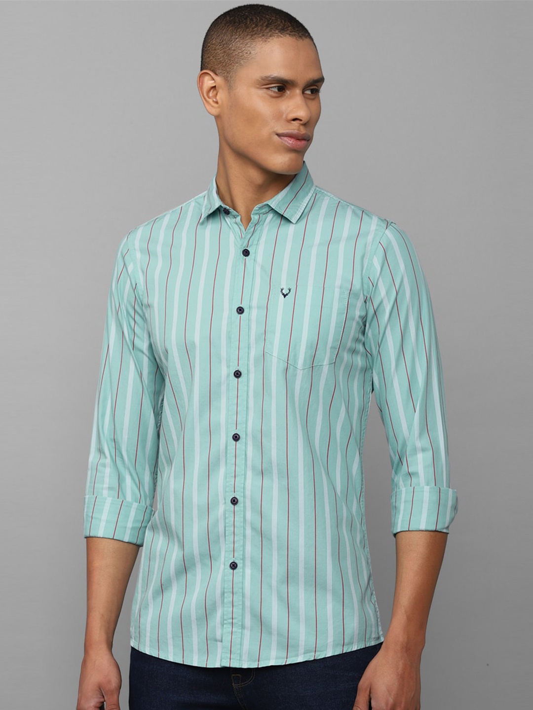 

Allen Solly Sport Men Sea Green & Maroon Striped Cotton Casual Shirt