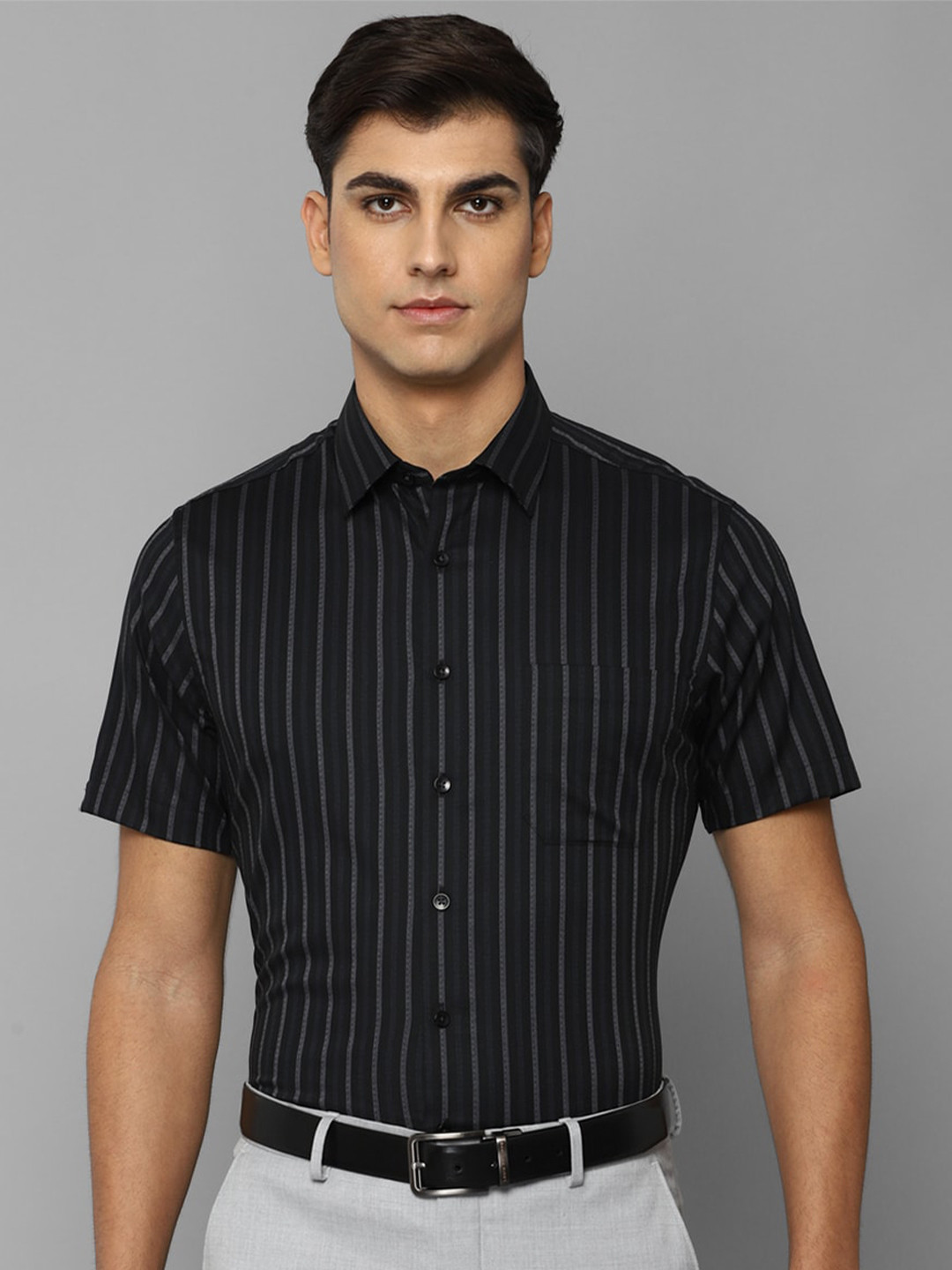 

Louis Philippe Men Black Slim Fit Striped Formal Shirt