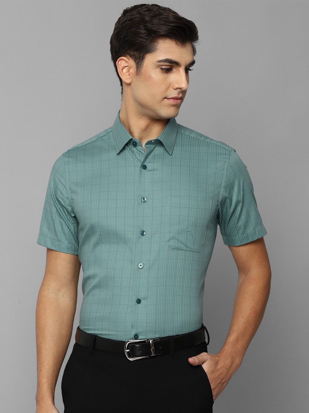 

Louis Philippe Men Slim Fit Grid Tattersall Checks Formal Shirt, Green
