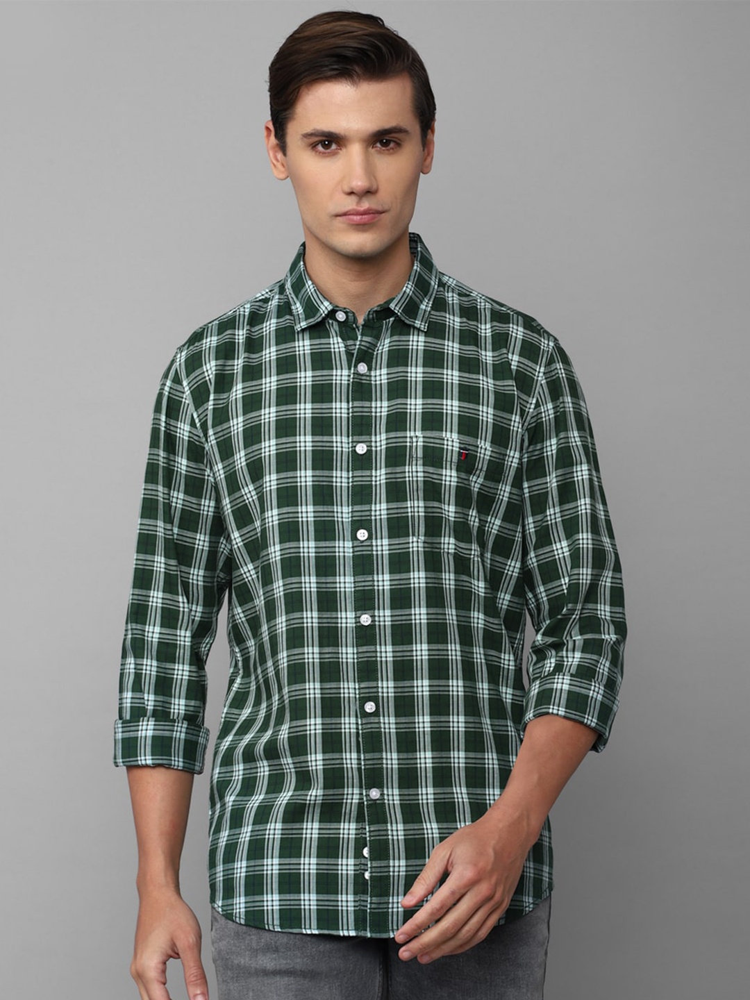 

Louis Philippe Jeans Men Cotton Slim Fit Tartan Checks Checked Casual Shirt, Green