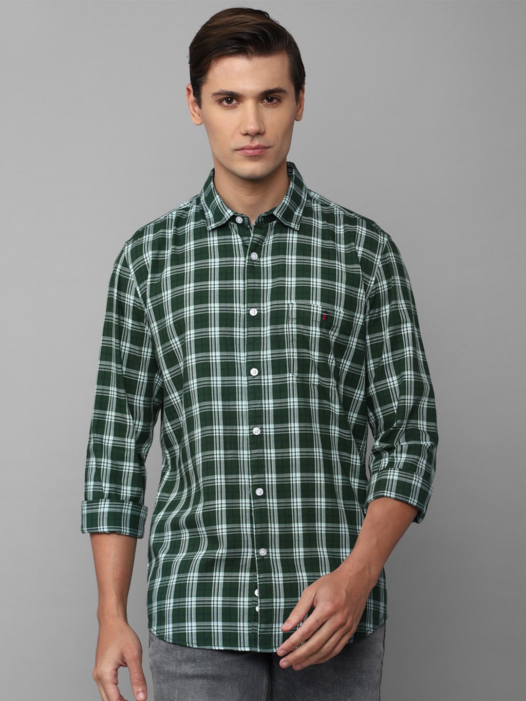 

Louis Philippe Jeans Men Green Slim Fit Pure Cotton Tartan Checks Casual Shirt