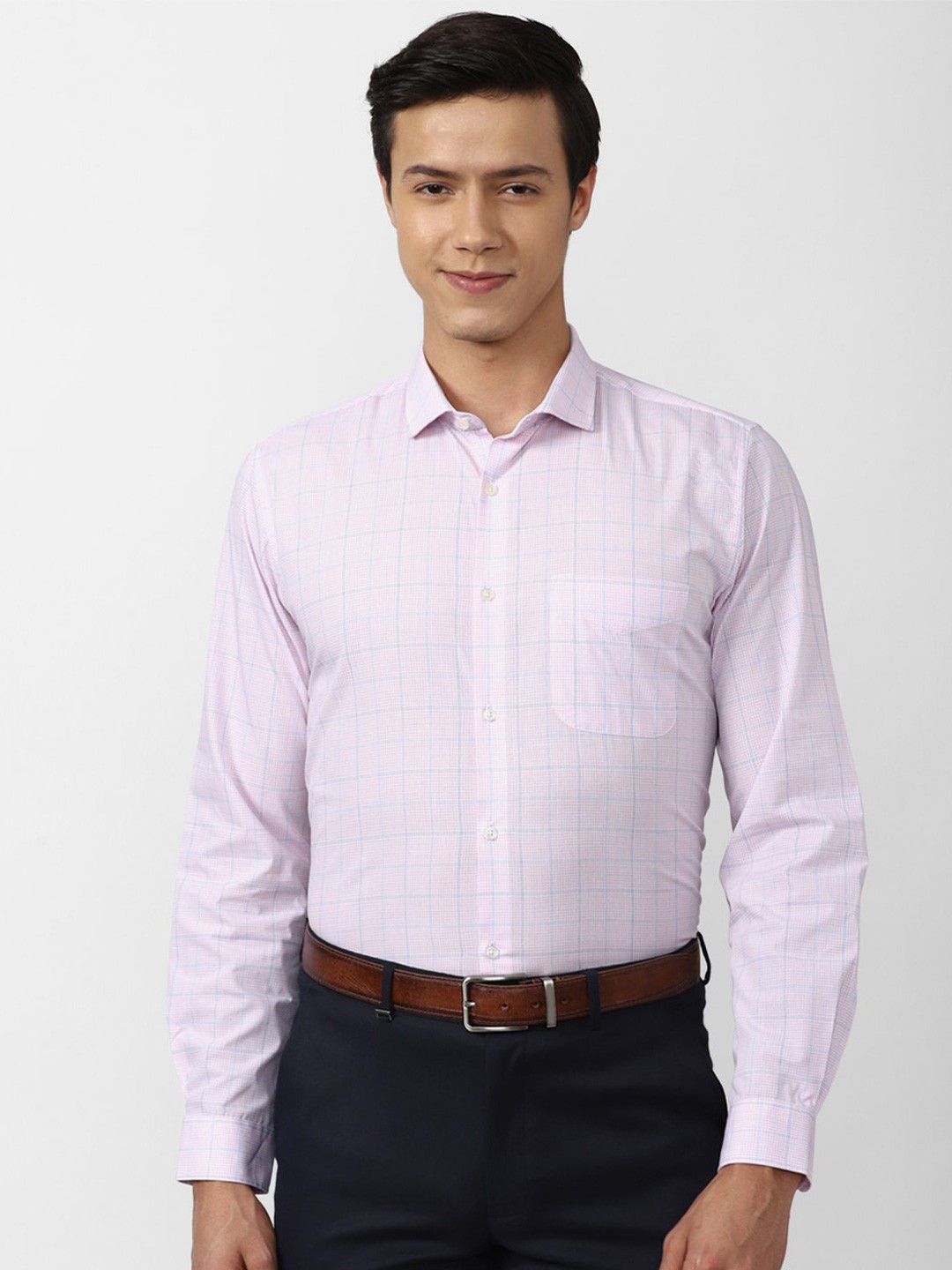 

Peter England Men Cotton Slim Fit Checked Formal Shirt, Pink