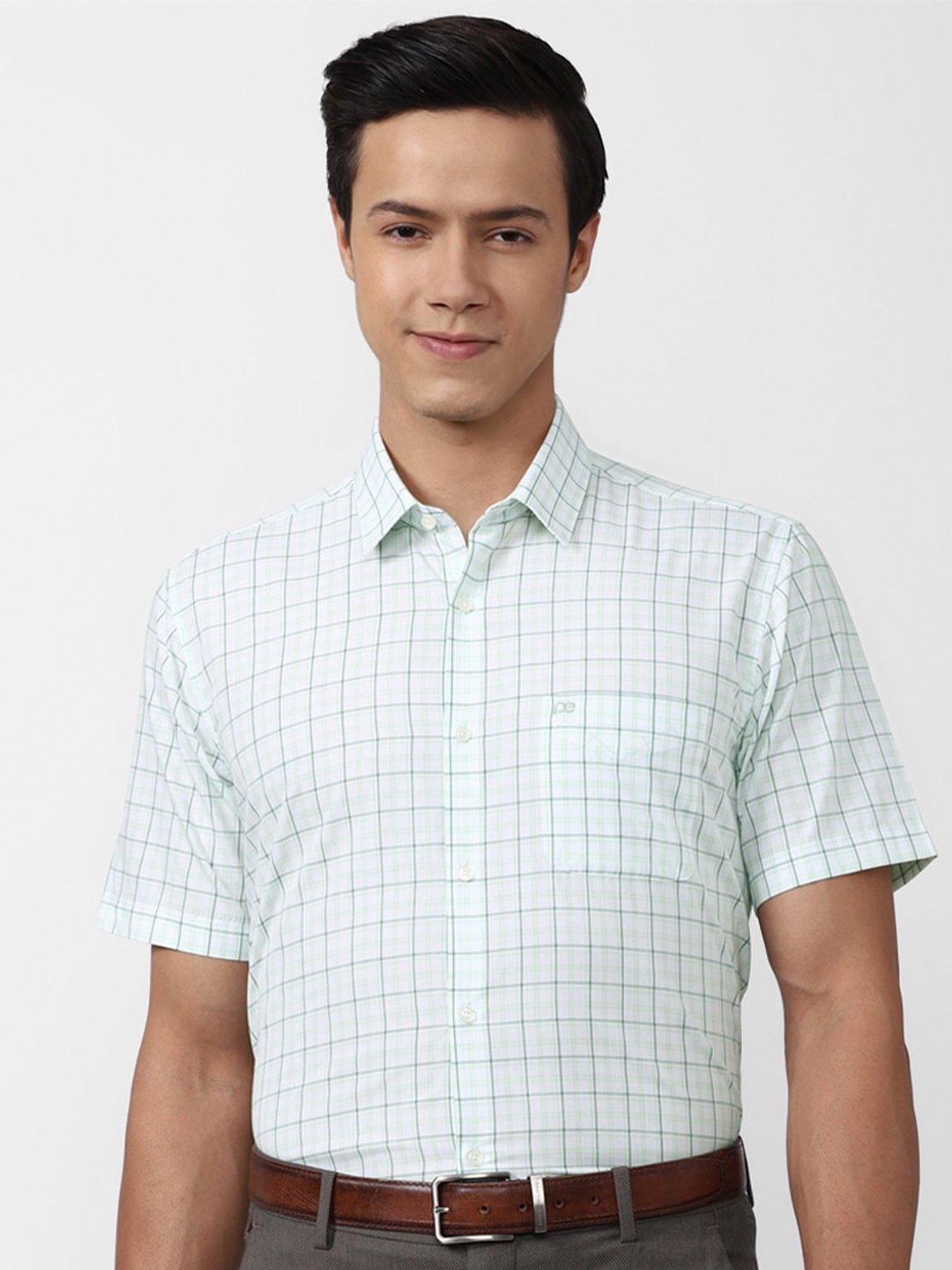 

Peter England Men Sea Green Checked Cotton Formal Shirt