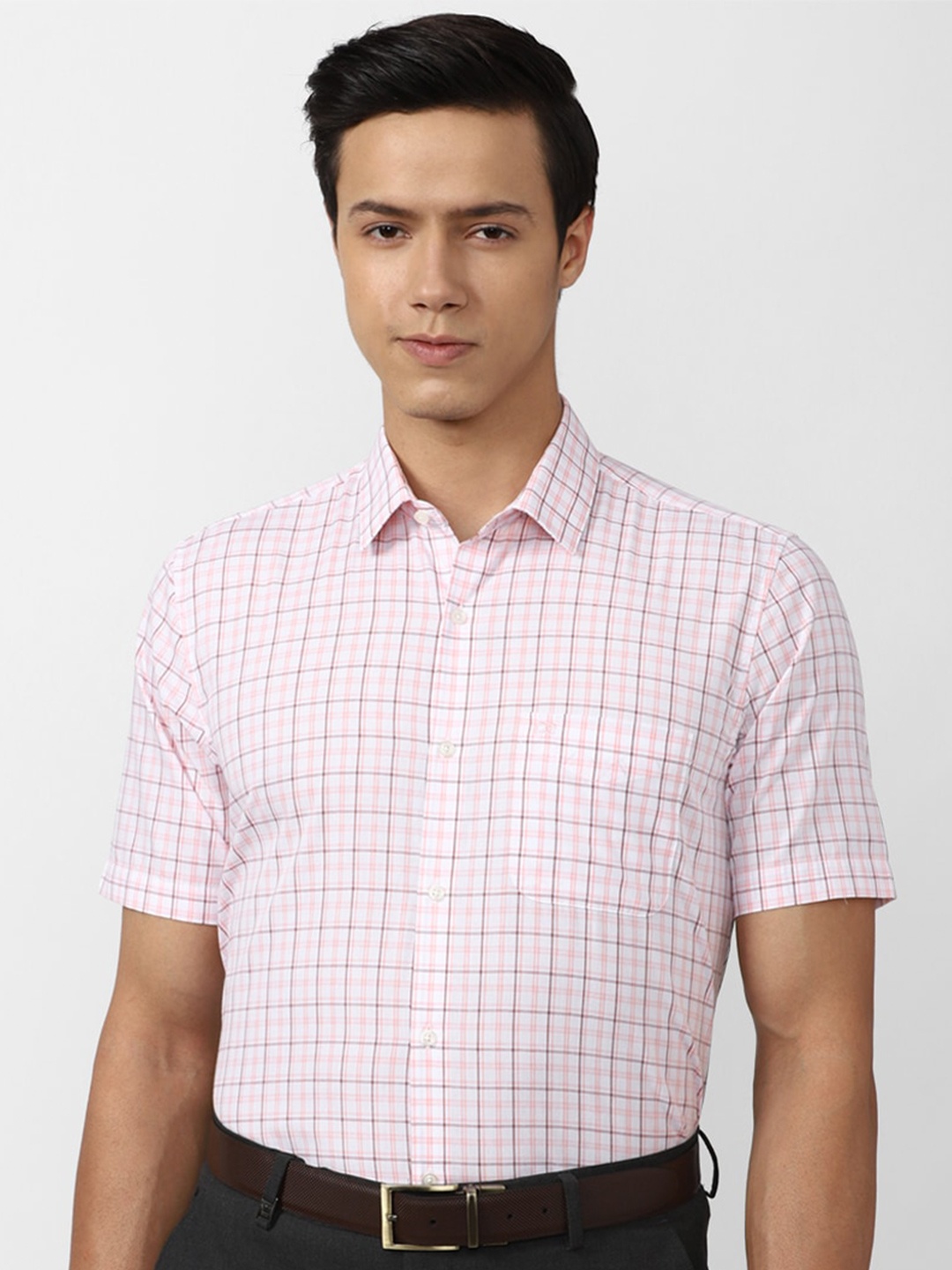 

Peter England Men Pink Grid Tattersall Checked Formal Shirt