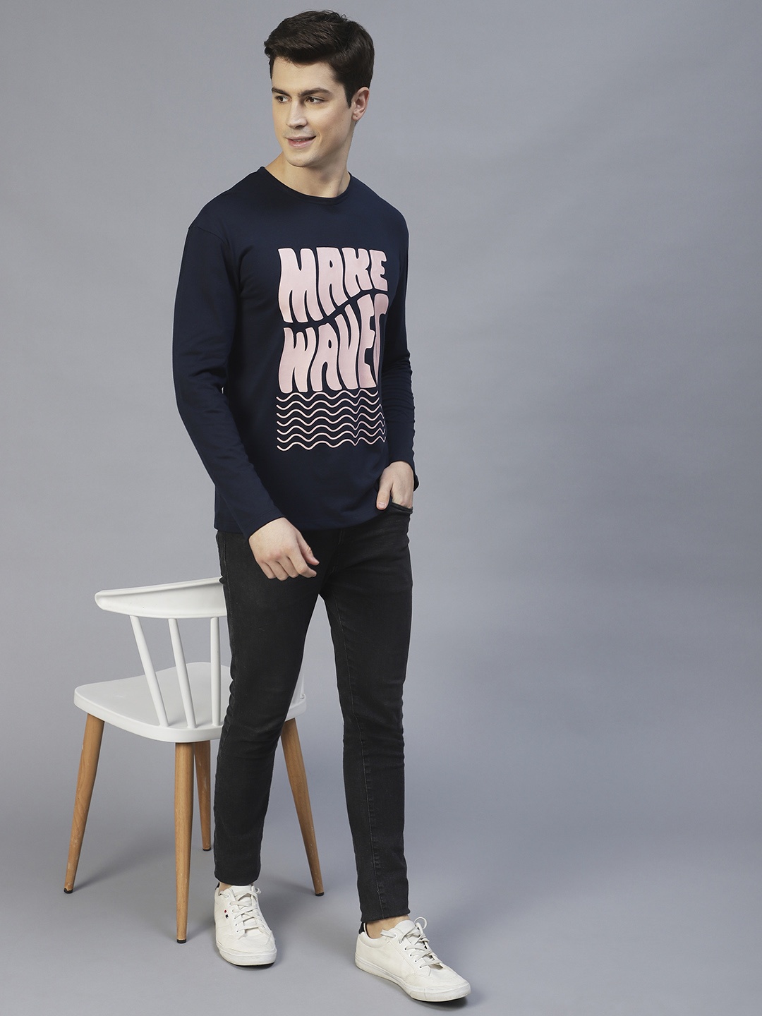 Rigo Men Typography Printed Slim Fit T-shirt, Navy blue