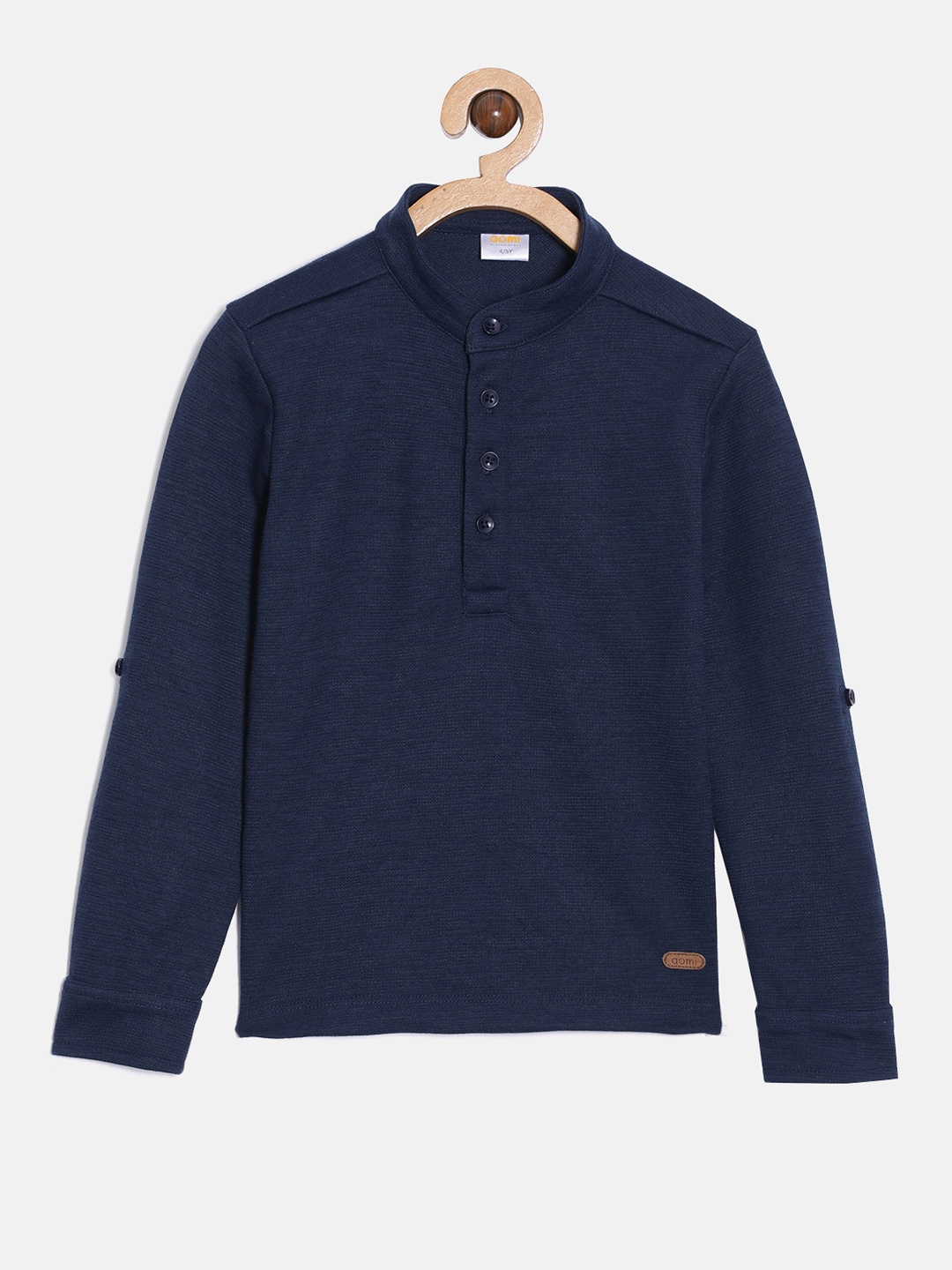 

Aomi Boys Navy Blue Mandarin Collar Cotton T-shirt