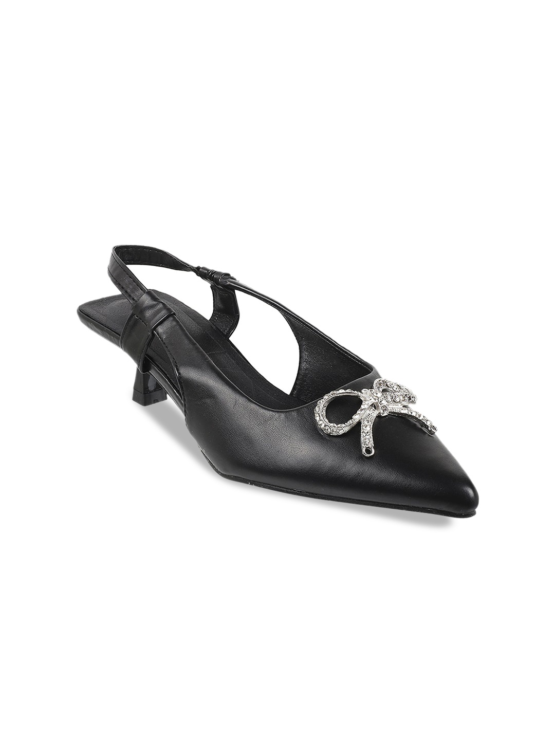 

Metro Black & Silver-Toned Bows Embellished Kitten Pump Heels