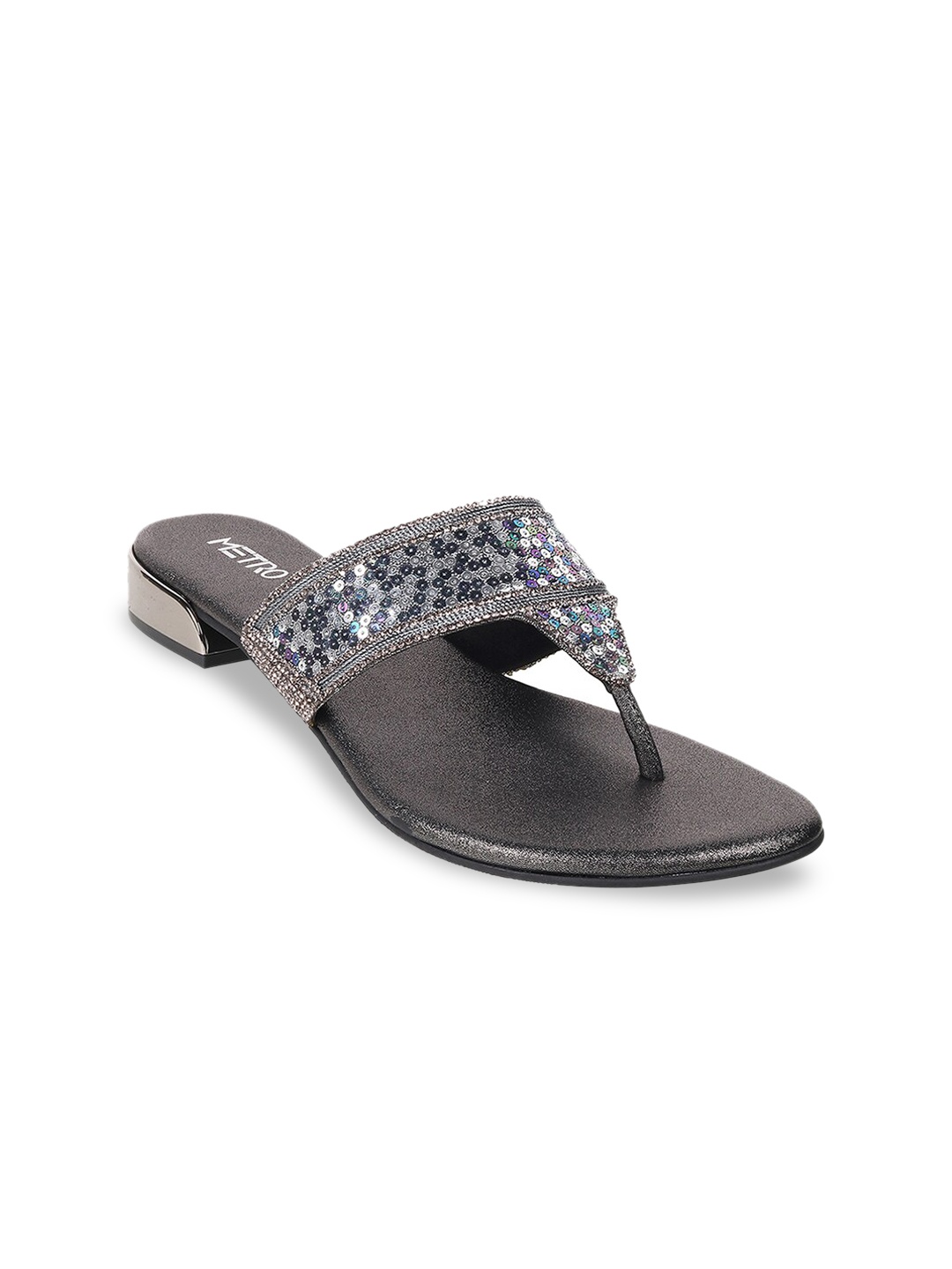 

Metro Women Grey Embellished Ethnic T-Strap Flats