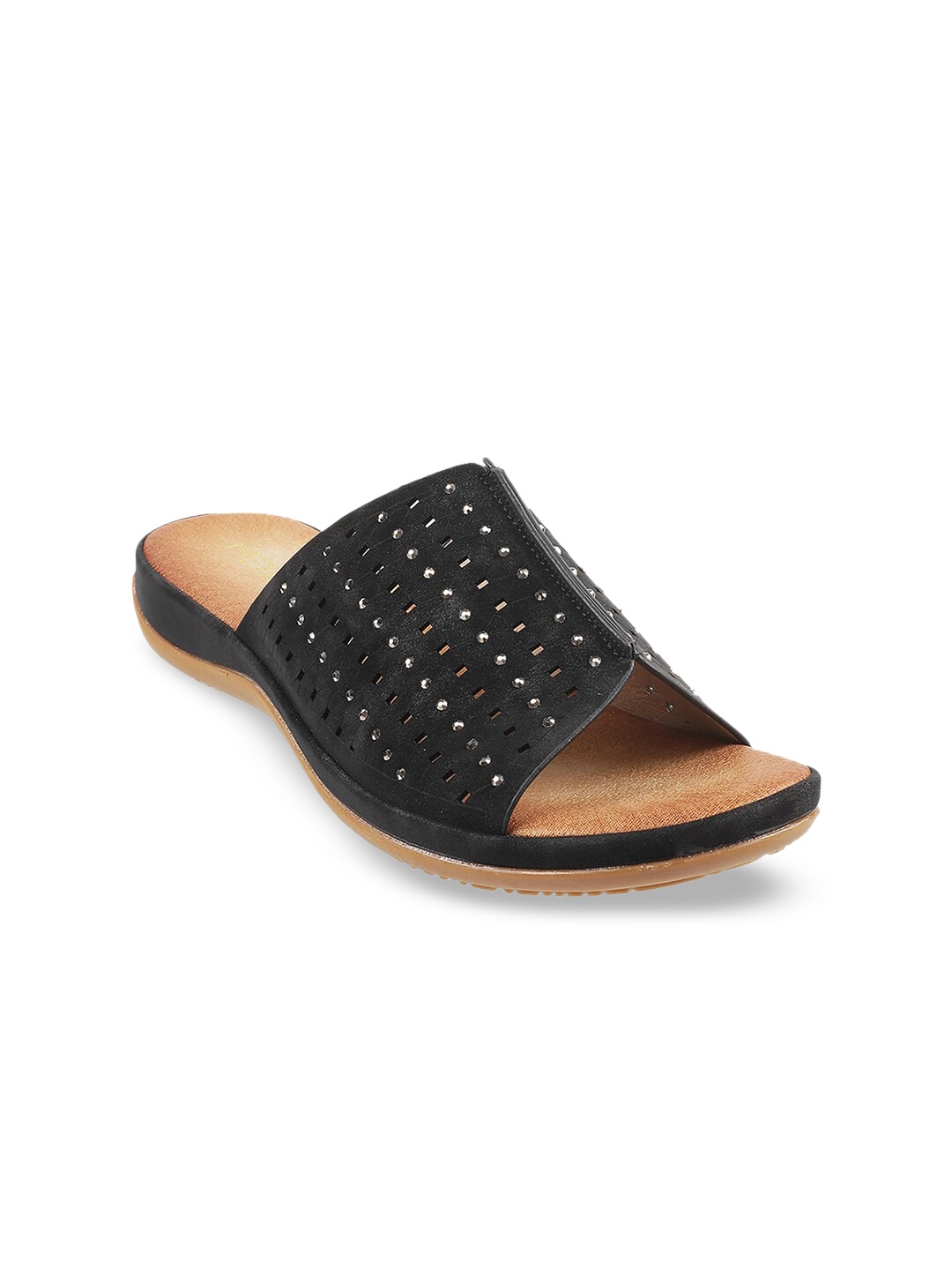 

Metro Women Black Embellished Open Toe Flats with Laser Cuts