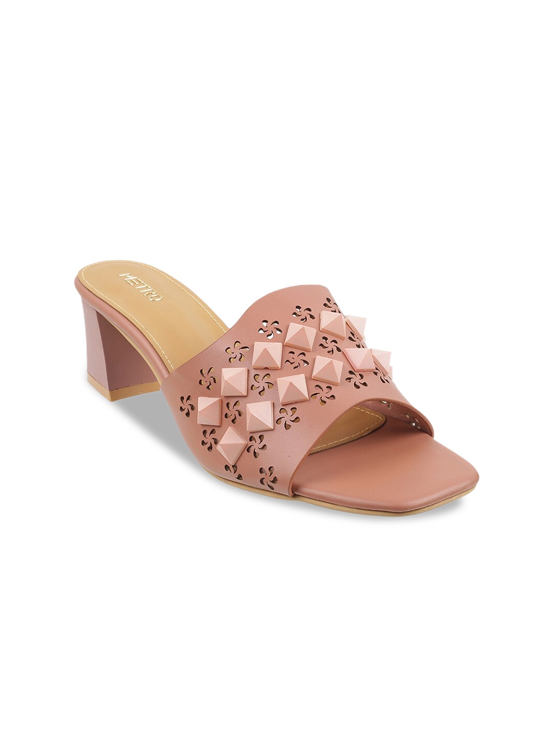 

Metro Peach-Coloured Block Heels with Laser Cuts