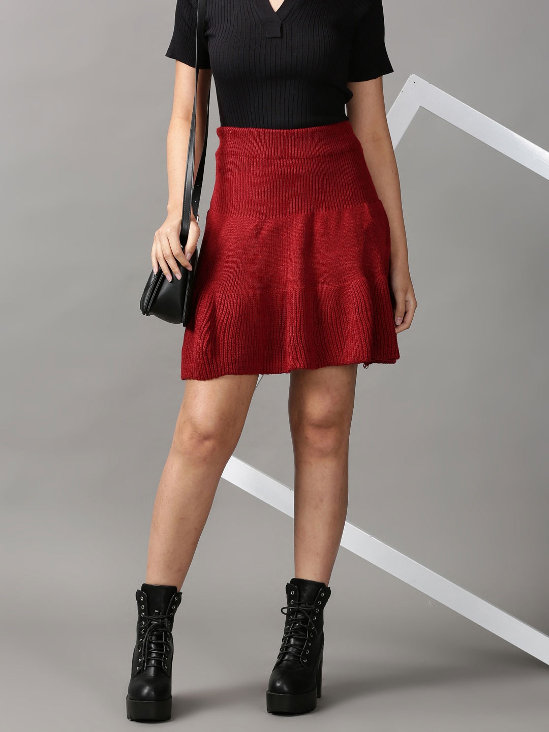 

SHOWOFF Women Maroon Solid Flared Mini Skirts