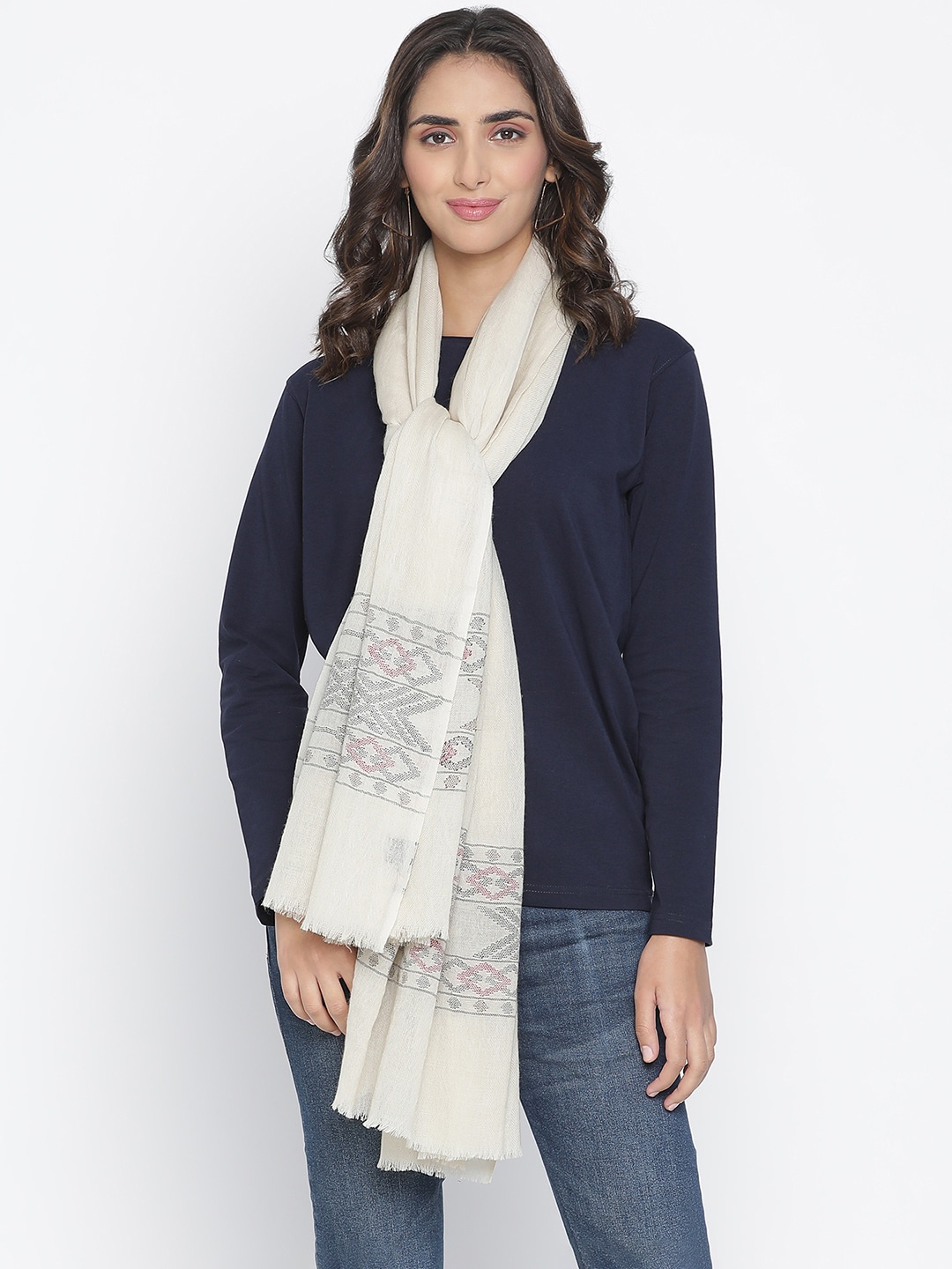 

SHINGORA Women White & Grey Woven Design Pure Wool Shawl