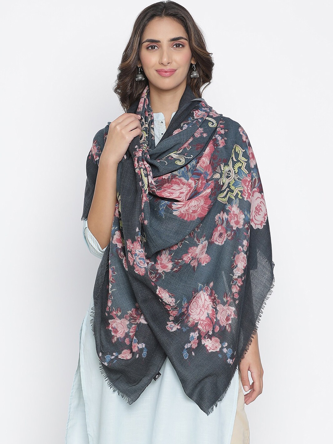 

SHINGORA Women Black Floral Printed Pure Wool Shawl