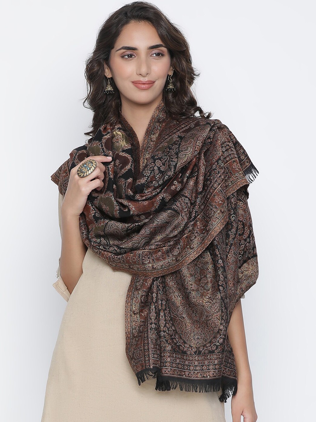 

SHINGORA Women Black & Brown Printed Woollen Shawl