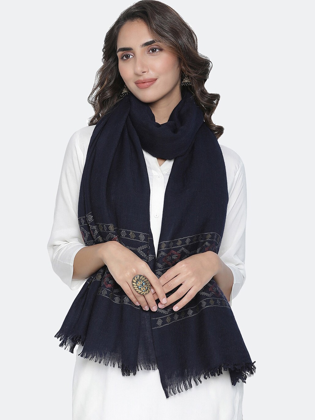 

SHINGORA Women Navy Blue Wool Woven Fringed Boarder Shawl