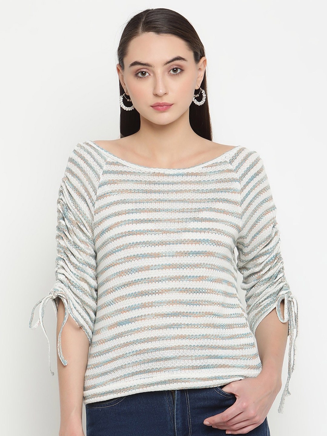 

Be Indi White & Blue Acrylic Striped Top