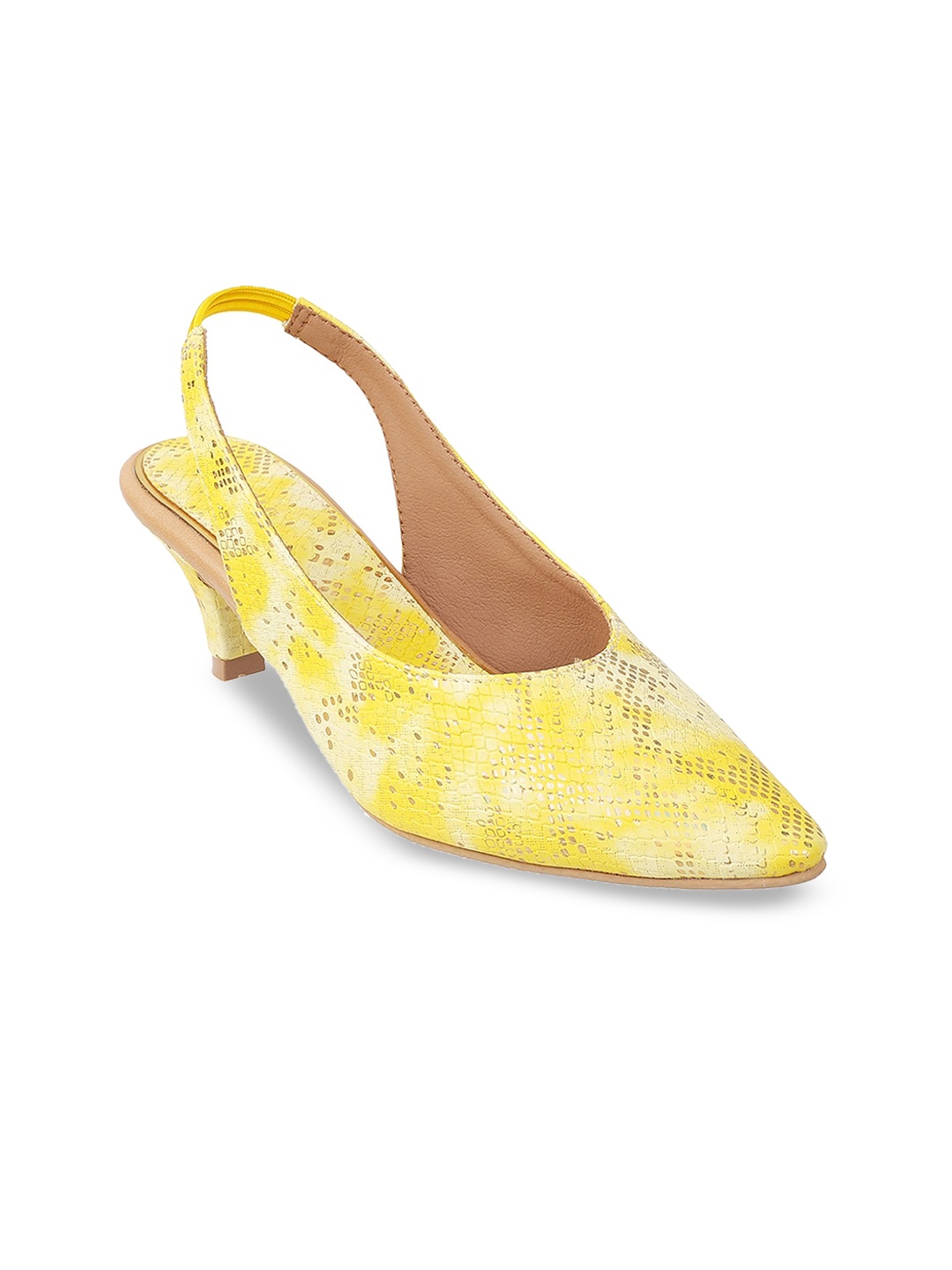 

Mochi Yellow Printed Kitten Pump Heels
