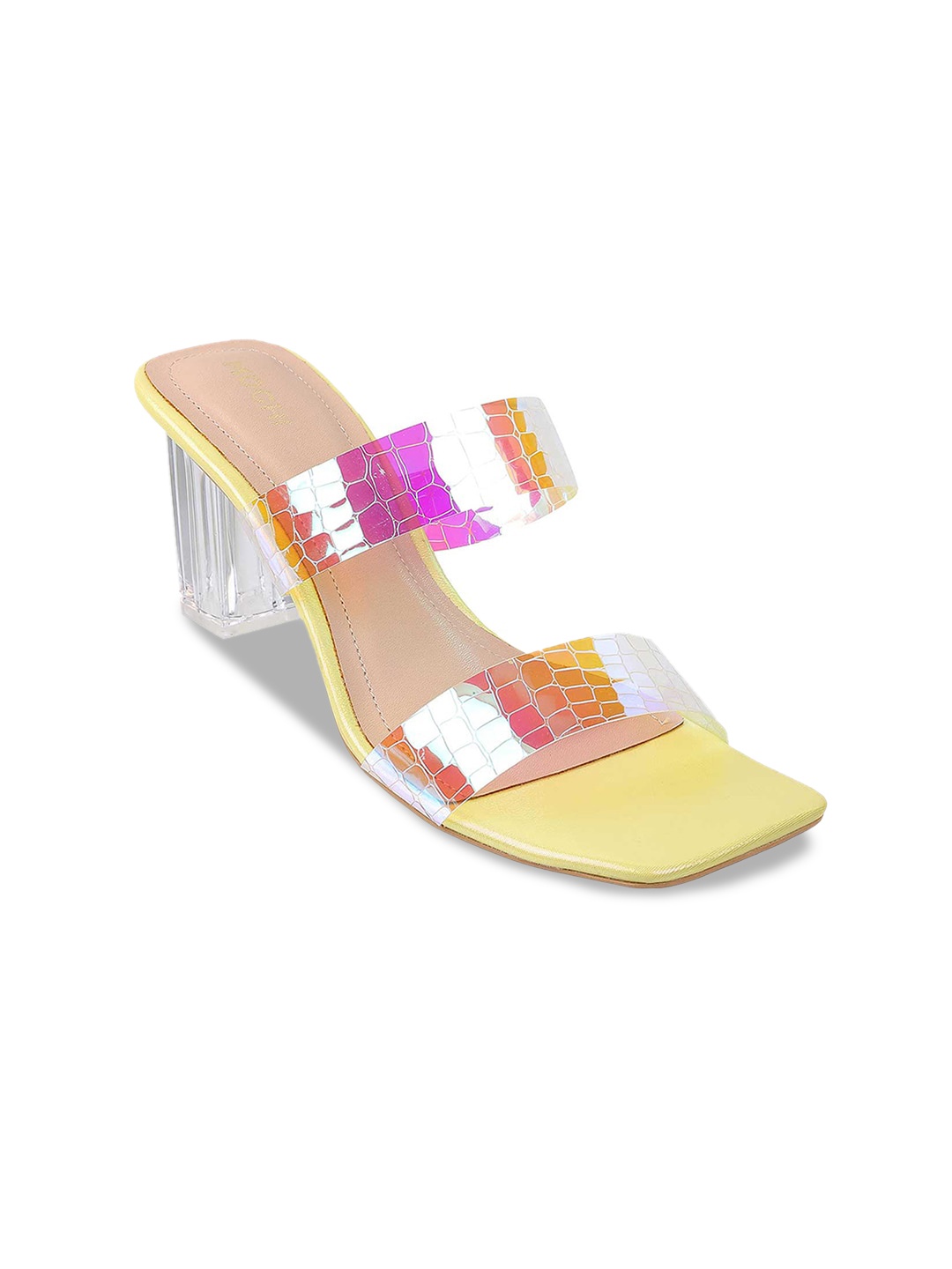 

Mochi Yellow & Transparent Printed Block Heels