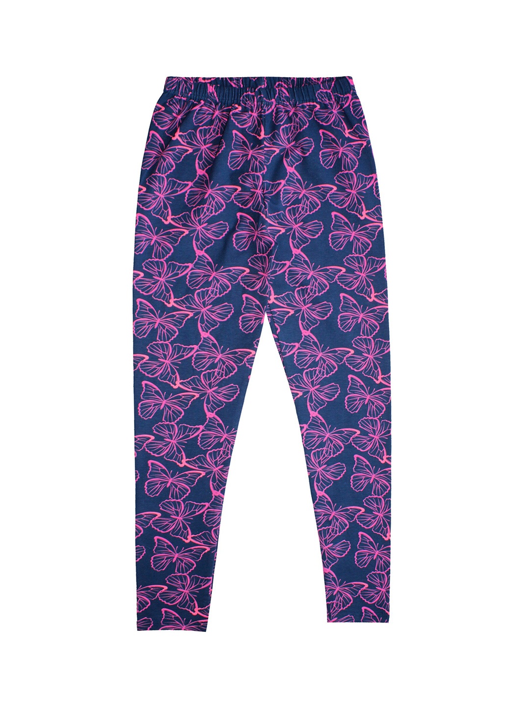 

KiddoPanti Girls Pink & Navy Blue Butterfly AOP Printed Ankle-Length Leggings