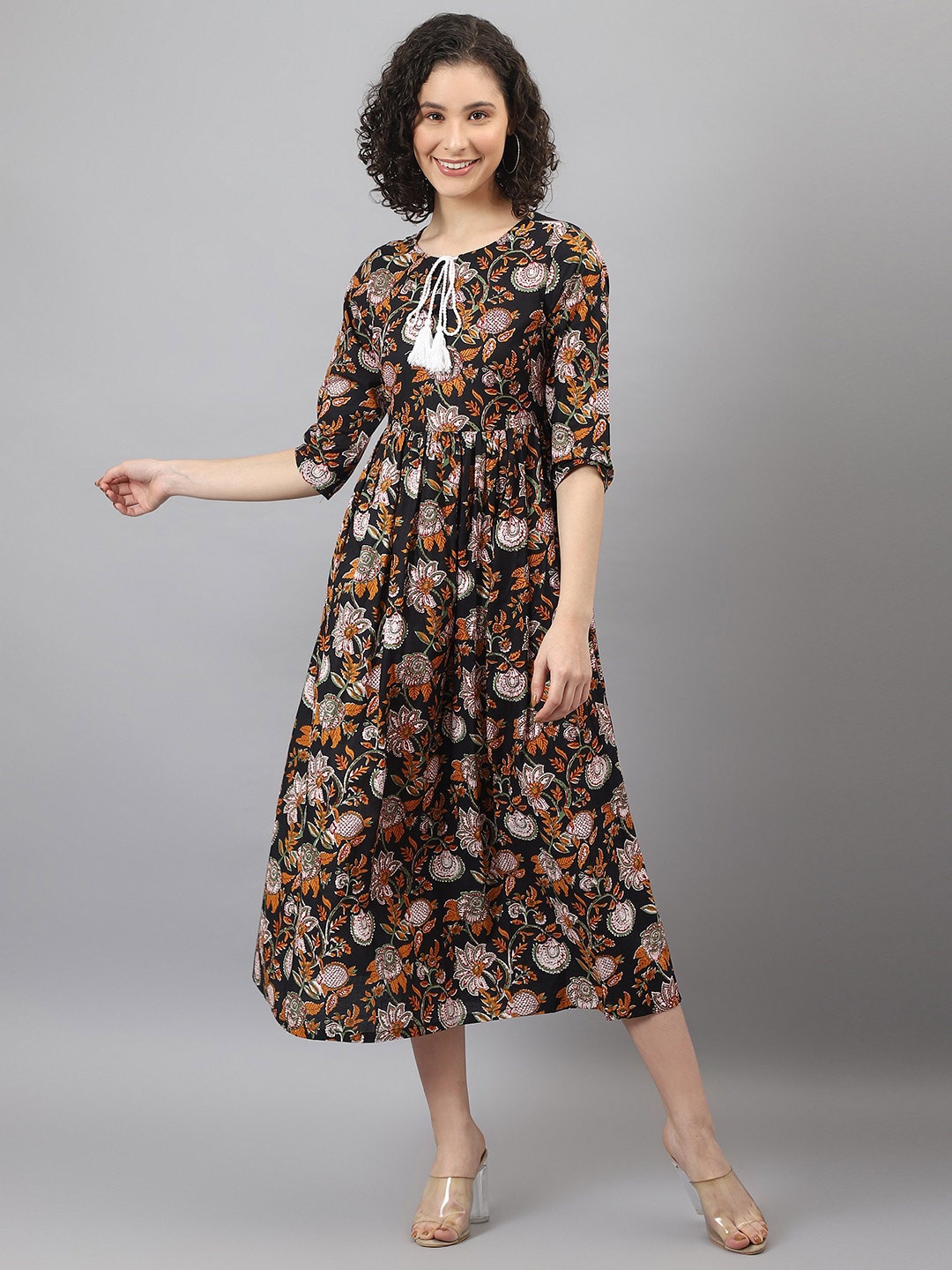 

DEEBACO Black Floral Printed Tie-Up Neck A-Line Cotton Dress