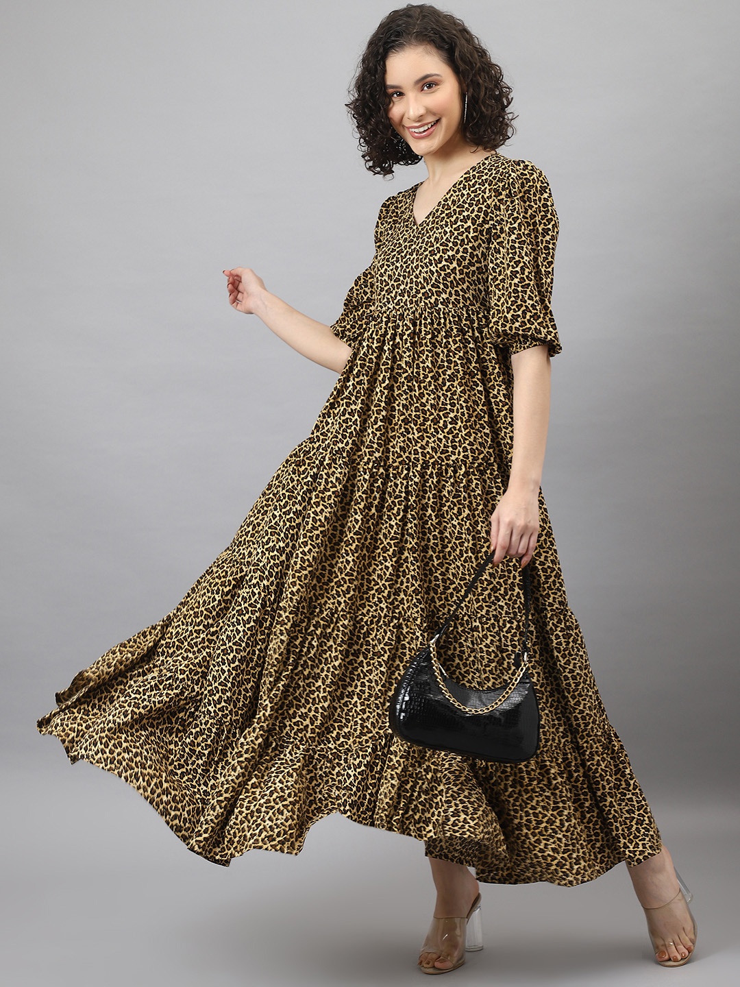 

DEEBACO Brown & Beige Animal Printed Fit & Flare Dress