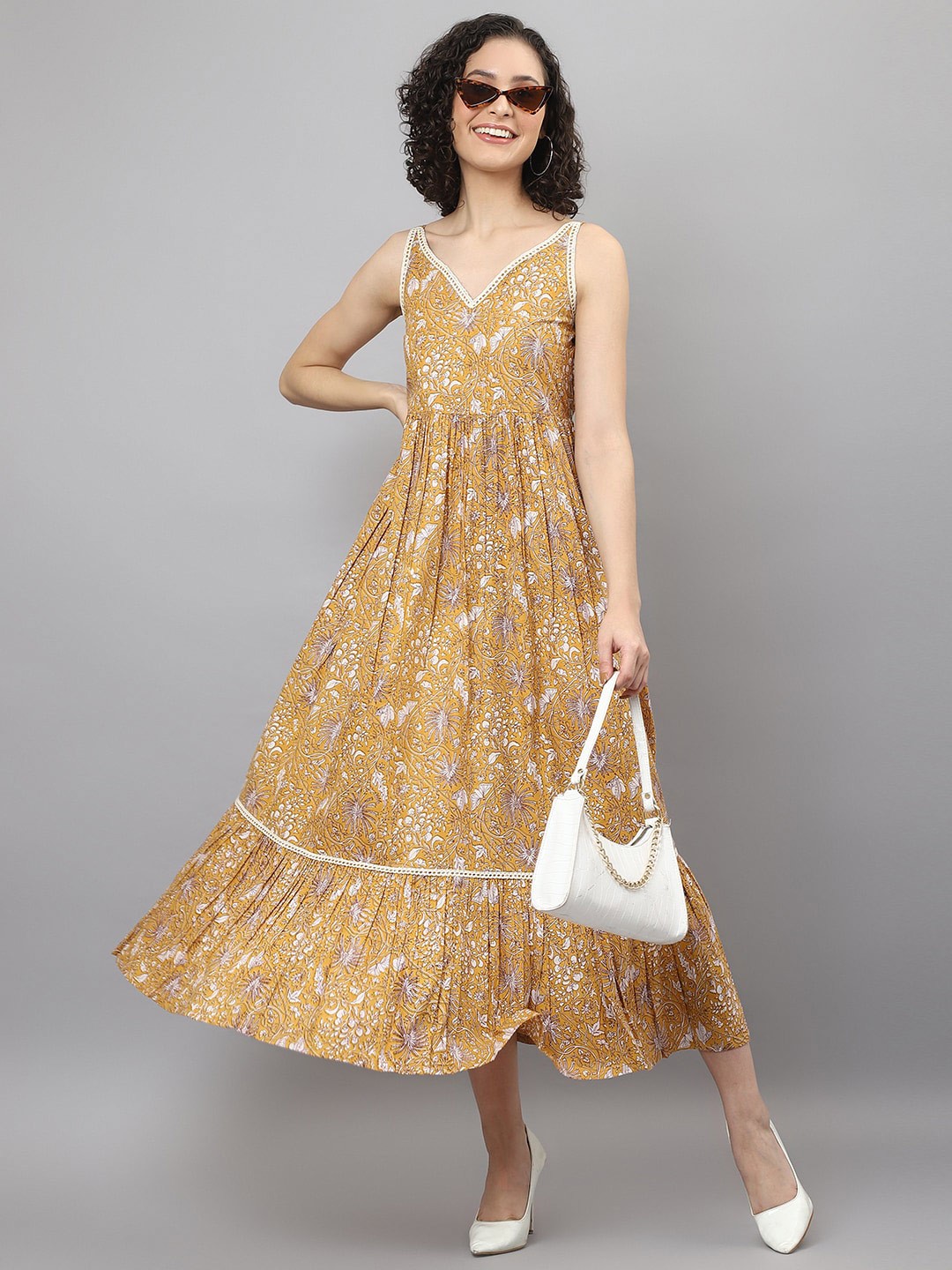 

DEEBACO Mustard Yellow & White Ethnic Printed Fit & Flare Cotton Dress