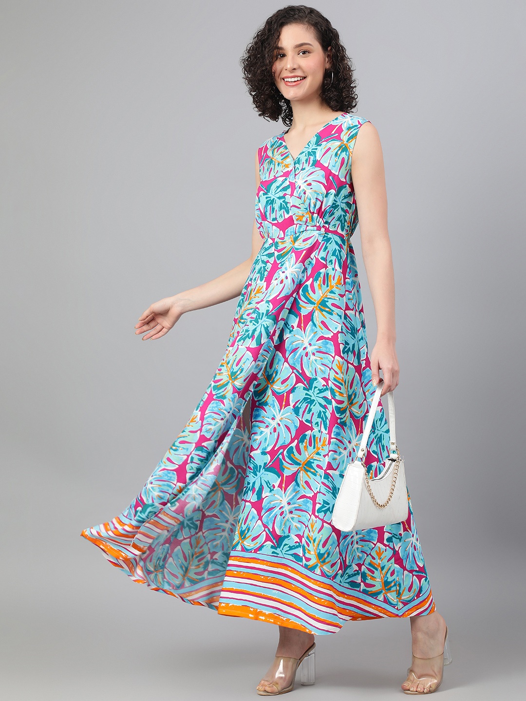 

DEEBACO Blue & Pink Tropical Printed Maxi Wrap Dress