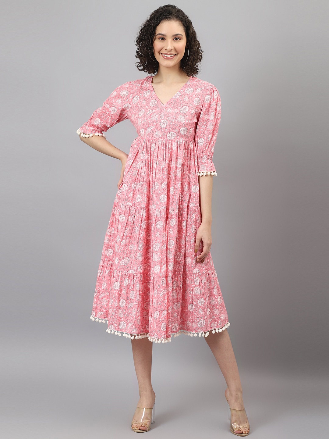 

DEEBACO Pink Floral Printed Puff Sleeves Fit & Flare Cotton Dress