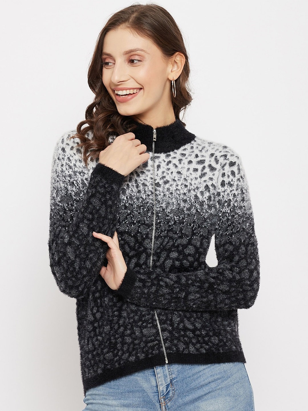 

Madame Women Black & Off White Animal Printed Acrylic Cardigan