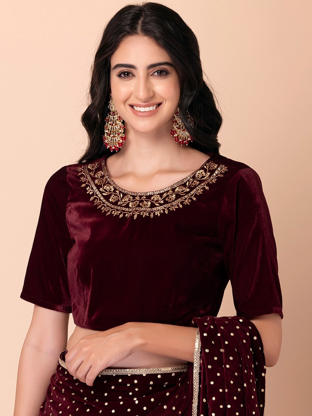 

INDYA Woman Maroon Embroidered Velvet Crop Top