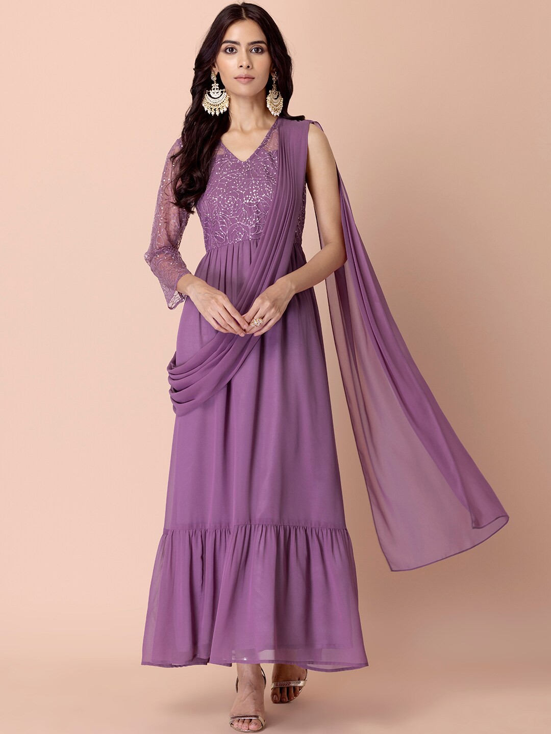 

INDYA Women Purple Embellished A-Line Maxi Ethnic Dress With Attached Dupatta