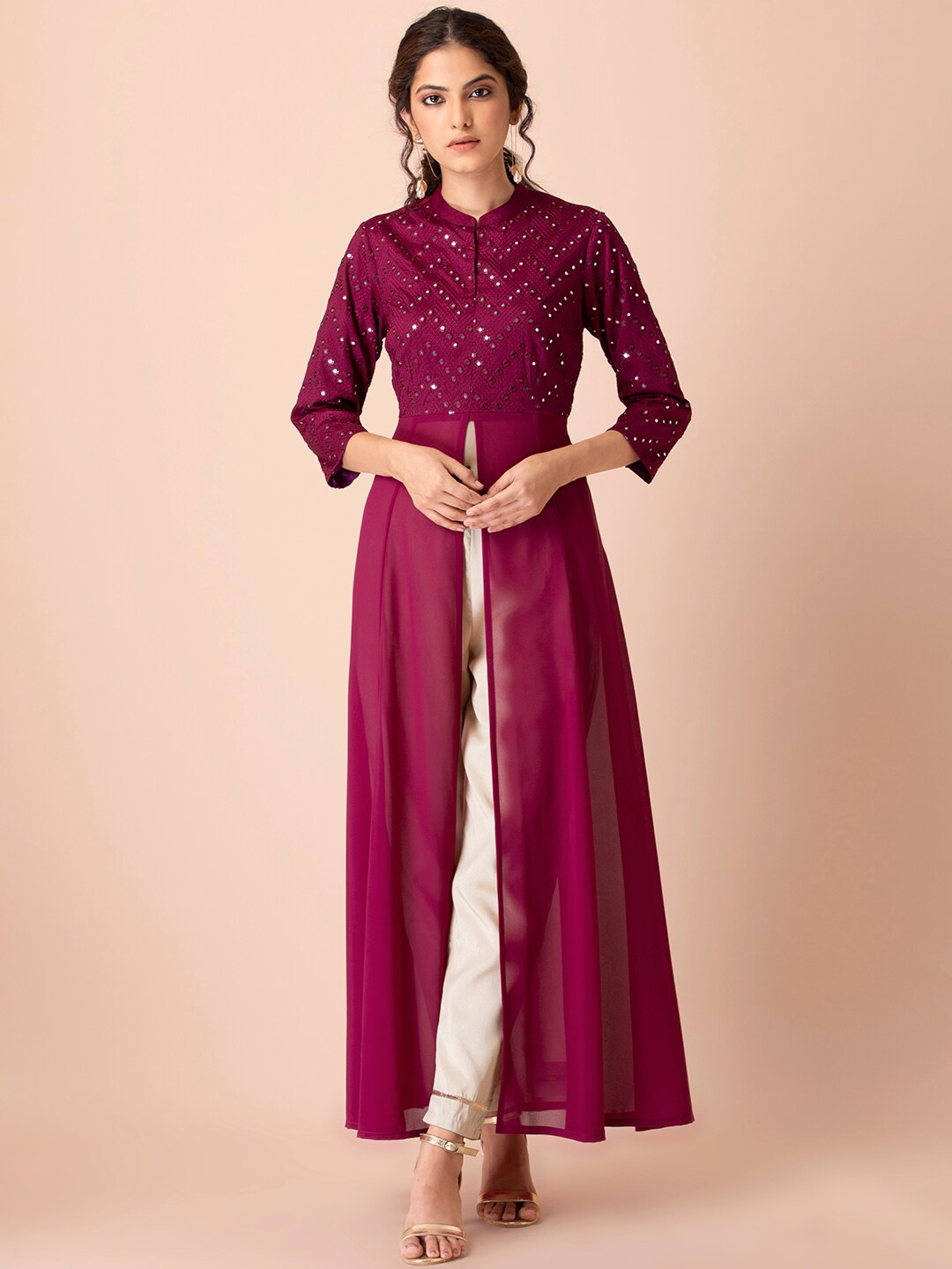 

INDYA Yoke Design Mirror Work Straight High Slit Kurta, Purple