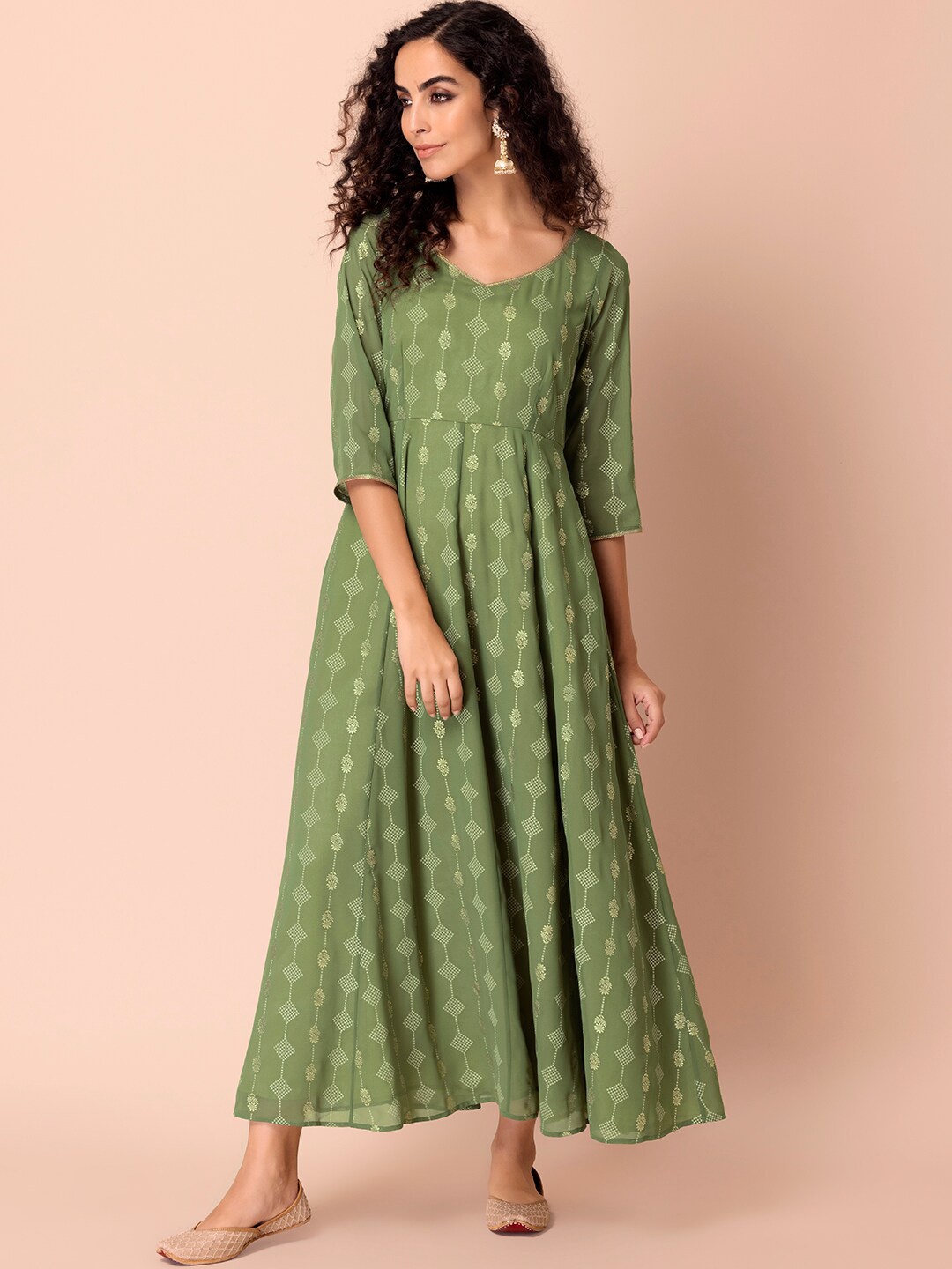 

INDYA Geometric Printed Anarkali Panelled Sequins Kurta, Green