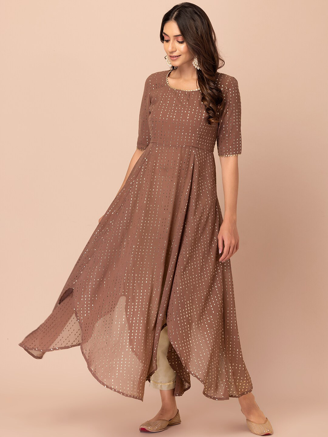 

INDYA Georgette Anarkali Panelled Kurta, Brown
