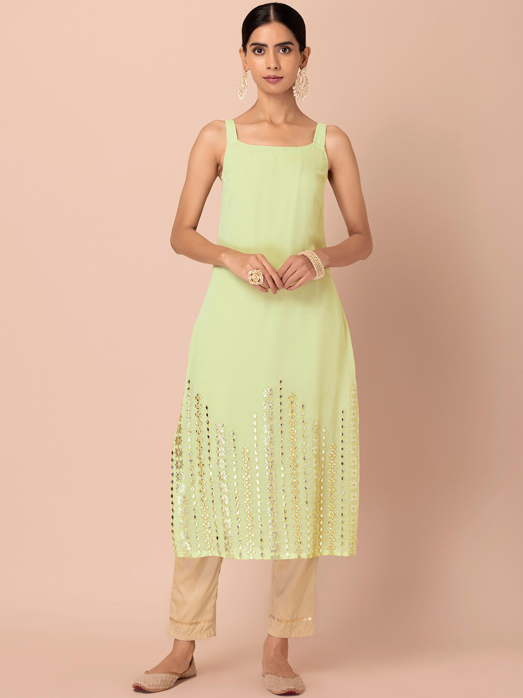 

INDYA Square Neck Embroidered Sequins Straight Fit Georgette Kurta, Green
