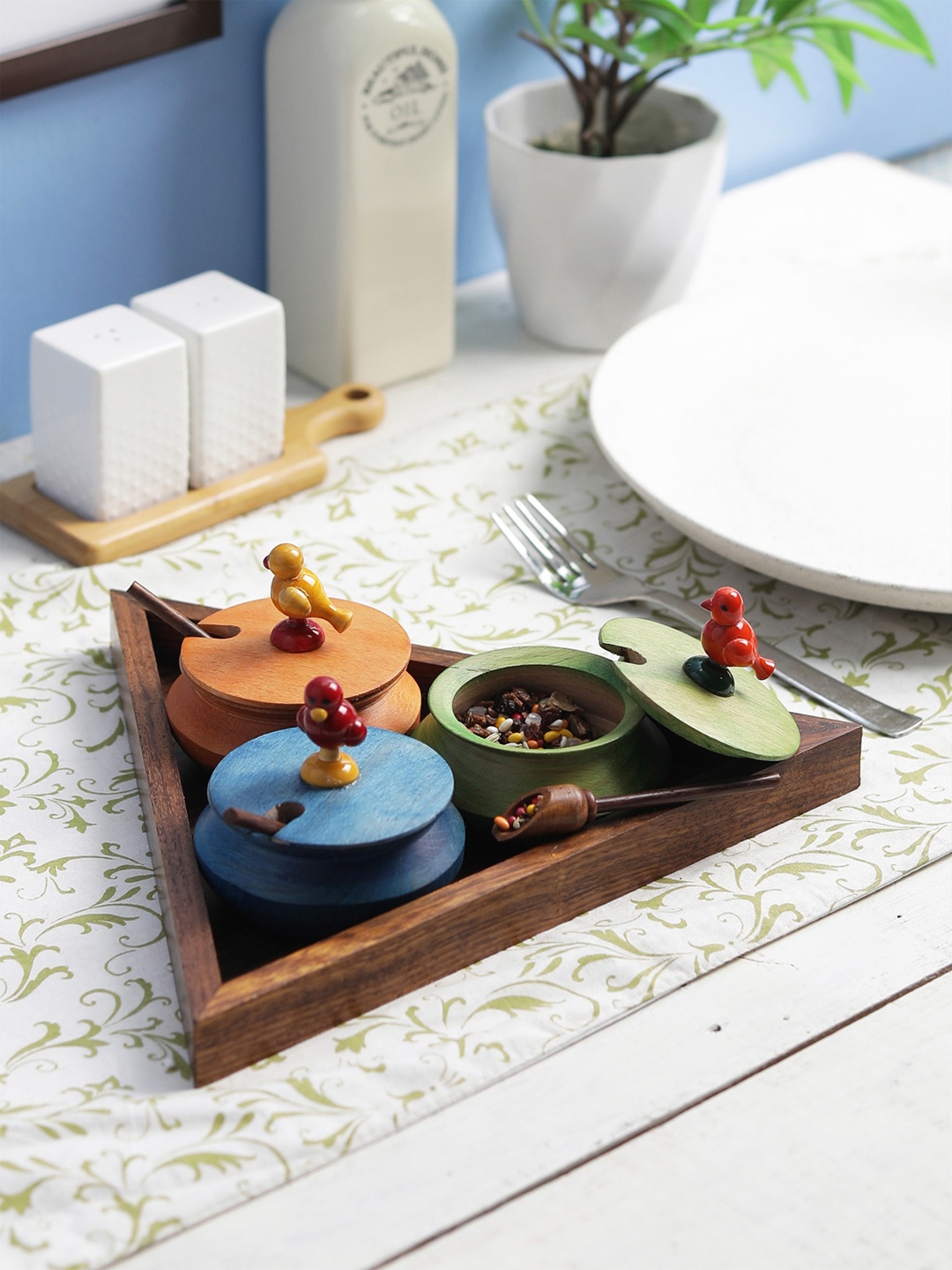

VarEesha Set Of 3 Multicoloured Wooden Handis with Triangle Tray, Multi
