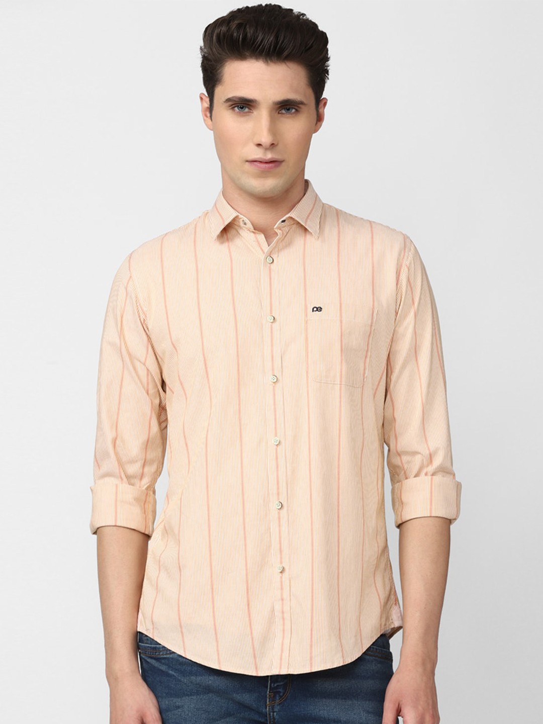 

Peter England Casuals Men Slim Fit Striped Casual Cotton Shirt, Orange