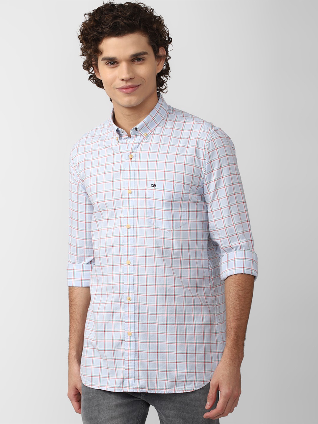 

Peter England Casuals Men Slim Fit Checked Casual Cotton Shirt, Blue