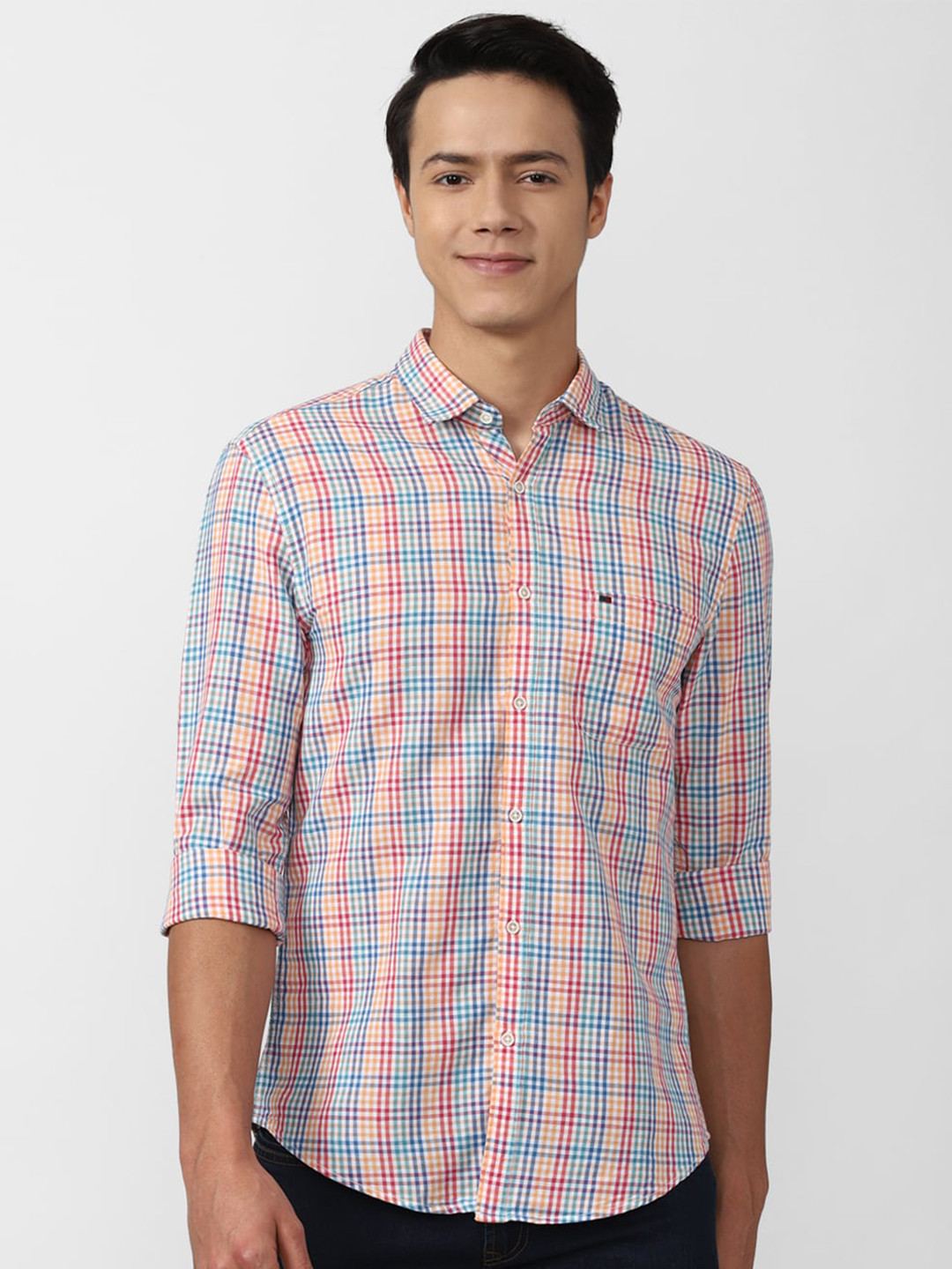 

Peter England Casuals Men Peach-Coloured Slim Fit Tartan Checked Casual Shirt