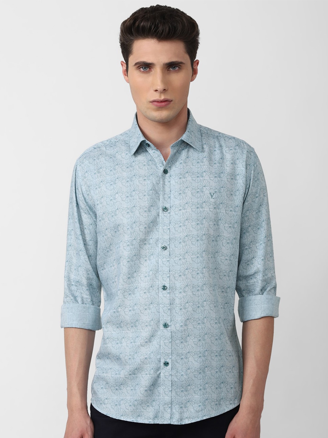 

V Dot Slim Fit Floral Printed Casual Shirt, Blue