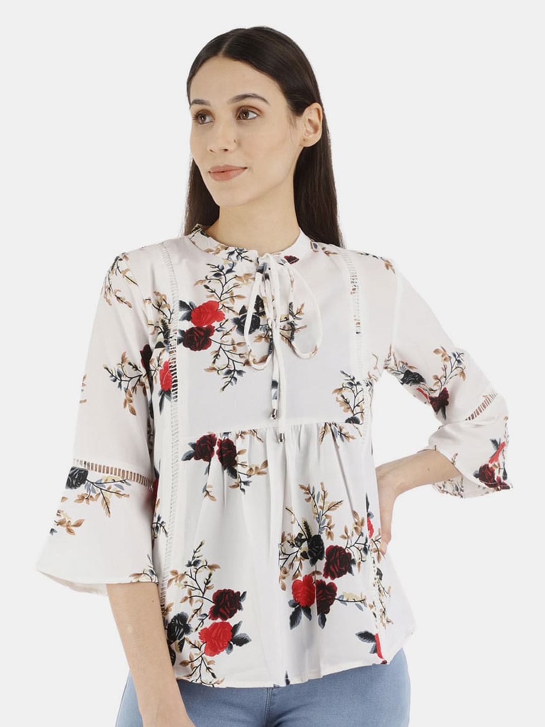 

V-Mart Off White Floral Print Mandarin Collar Pure Cotton Top